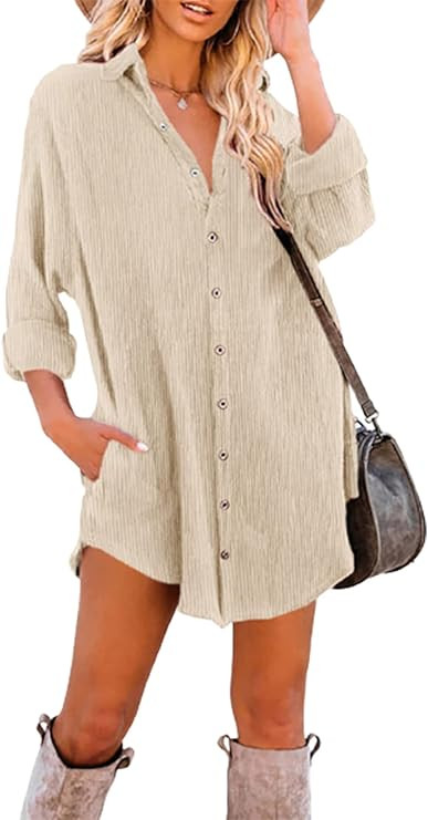 Dokotoo Women's Corduroy Long Sleeve Button Down Shirts Tunic Dresses with Pockets | Amazon (US)