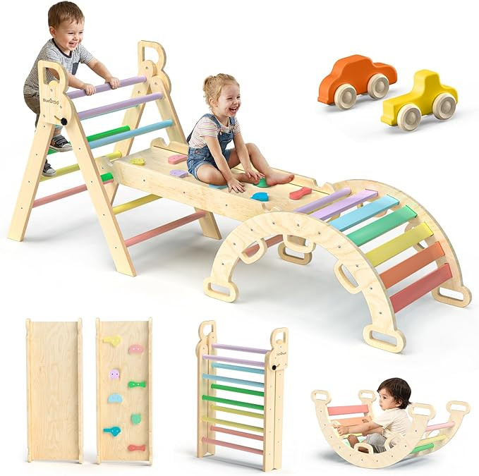 BlueWood Pikler Triangle Set 7in1 Foldable Baby Climbing Toys Wooden Montessori Climbing Set with... | Amazon (US)