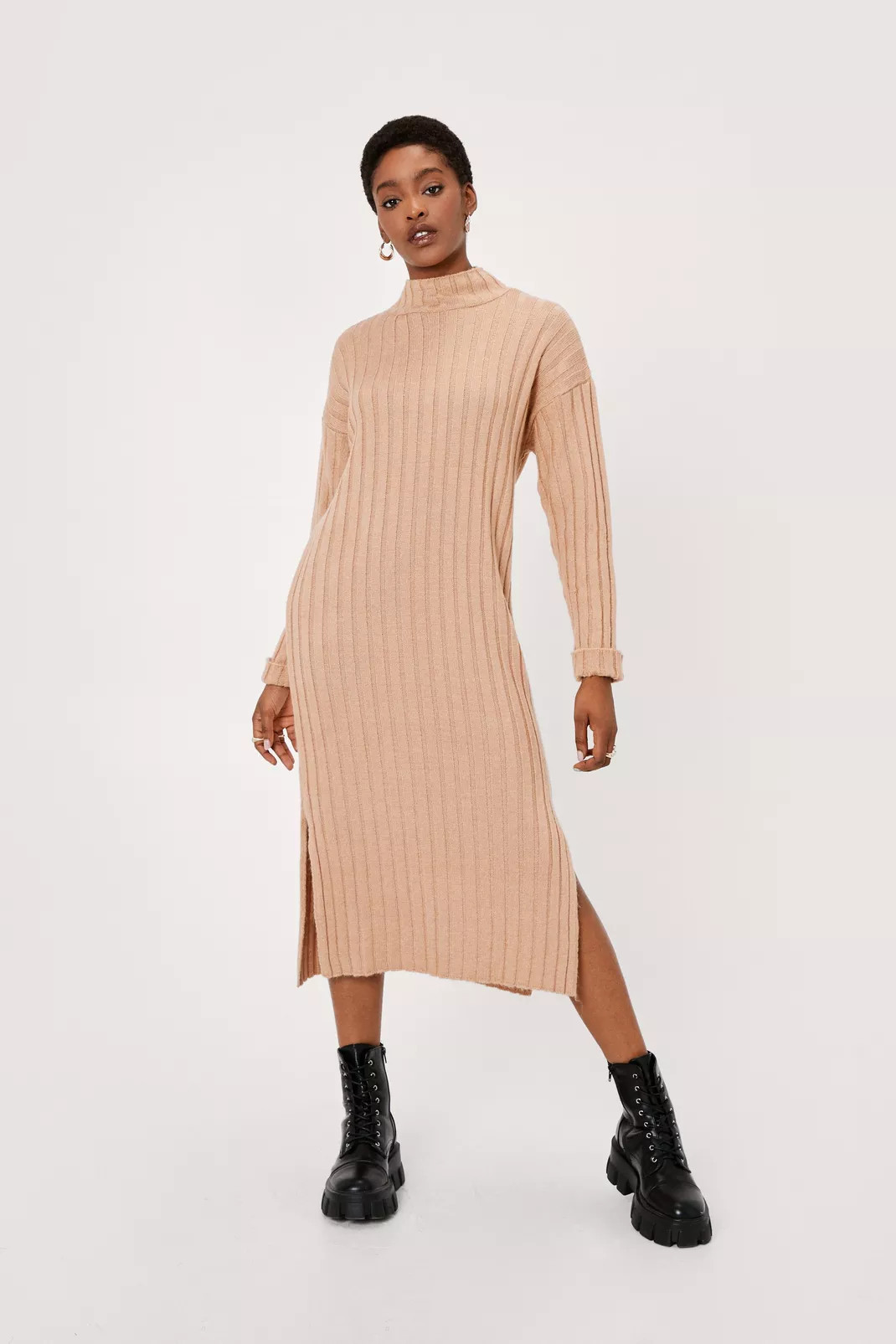 Wide Ribbed Turn Cuff Midi Jumper Dress | Nasty Gal (US)