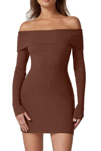 QINSEN Sexy Off The Shoulder Sweater Dresses Fold Over Bodycon Long Sleeve Knit Mini Dress Fall Sweater Dress Brown S | Amazon (US)