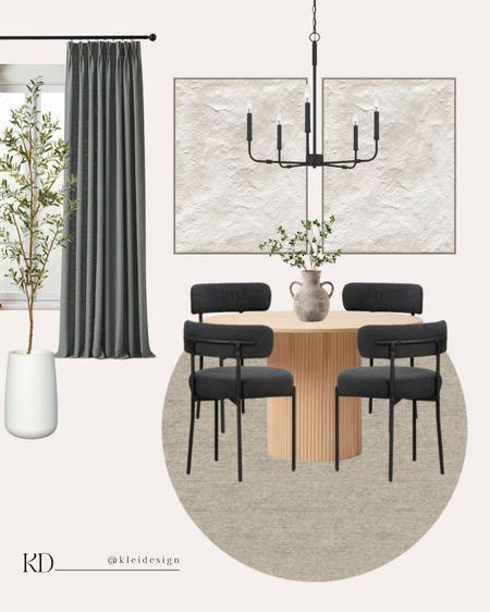 Contemporary dining room with organic accents
•••
Dining room table, round wood table, round pedestal dining table, dining chairs, west elm chair dupe, pinch pleat curtains, large canvas art, neutral dining room, amazon finds, amazon home 

#LTKfindsunder100 #LTKhome #LTKstyletip