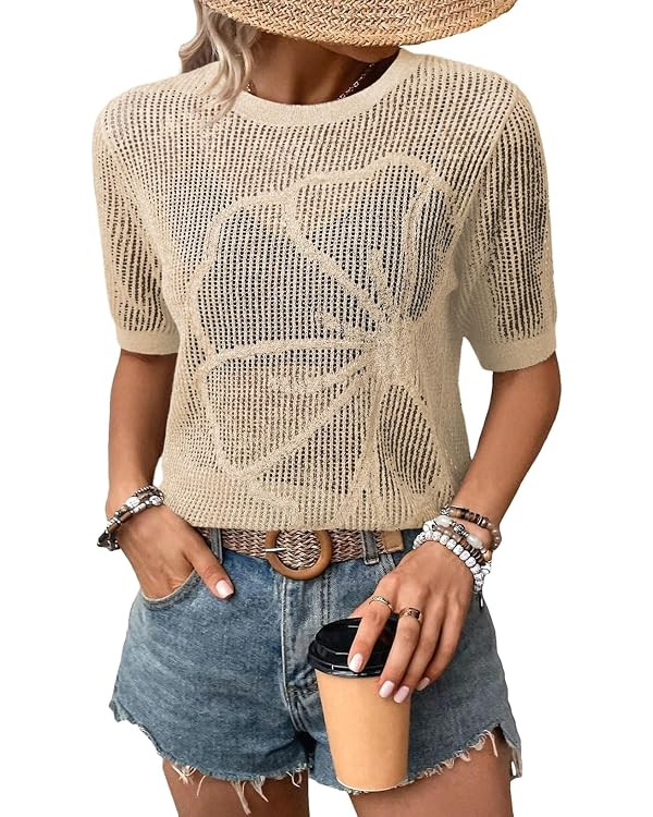 Dokotoo Womens Summer Short Sleeve Crochet Tops Hollow Out Floral Sweaters Beach Vacation Cruise ... | Amazon (US)
