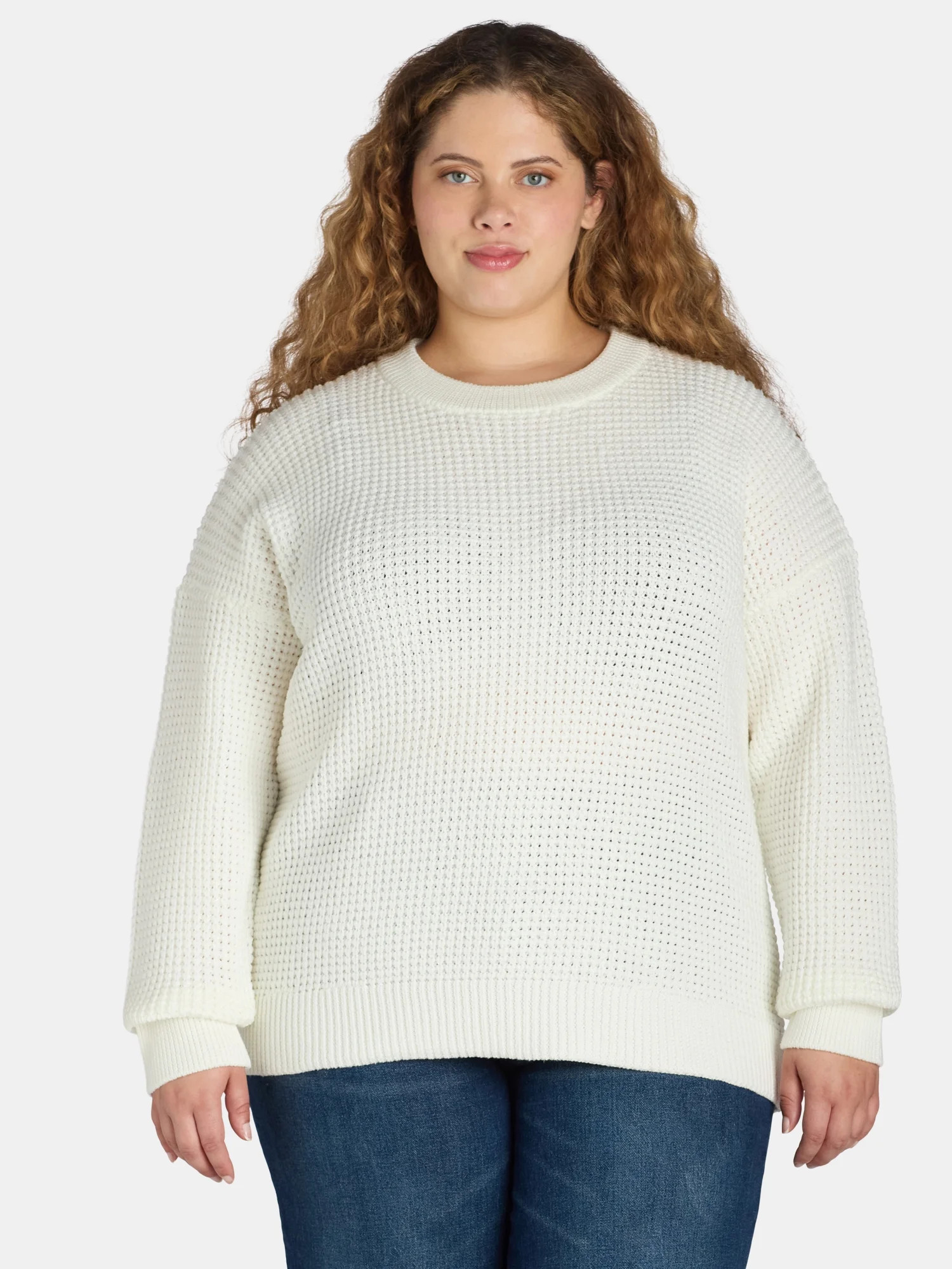 Time and Tru Women's and Women's Plus Waffle Stitch Sweater with Long Sleeves, Midweight, Sizes X... | Walmart (US)