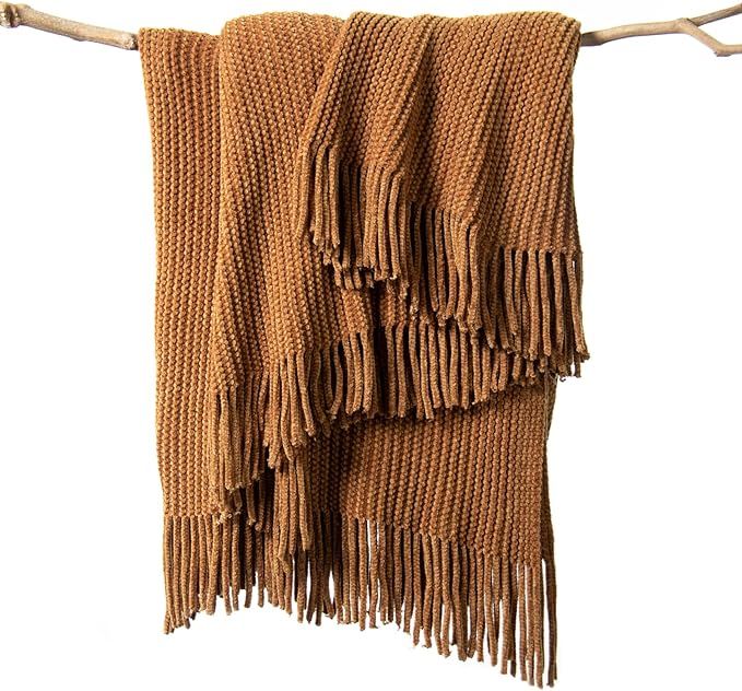 LIFEIN Knitted Brown Throw Blanket for Couch - Soft Fall Farmhouse Chenille Boho Throws, Cozy Kni... | Amazon (US)