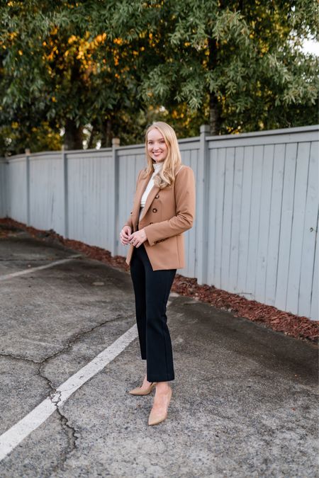 Fall fashion workwear look styling cropped black flare pants with a cognac blazer. Layer a fitted turtleneck underneath to complete the look. 

#LTKstyletip #LTKSeasonal #LTKworkwear