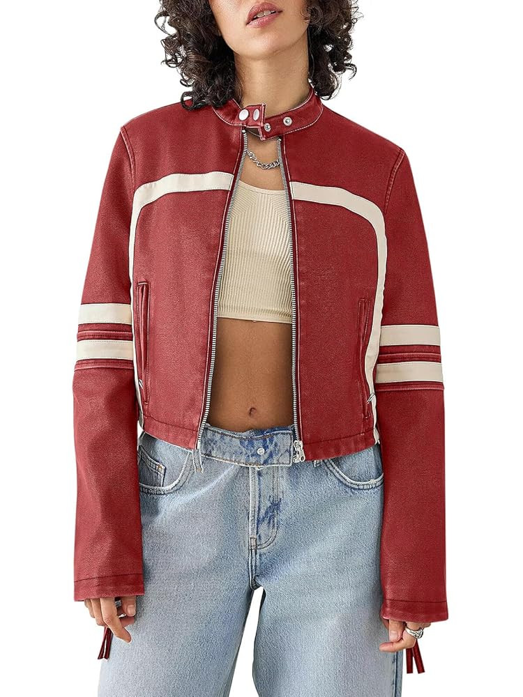 Saodimallsu Women’s Faux Leather Jackets Zip Up Stand Collar Cropped Motocross PU Coats | Amazon (US)