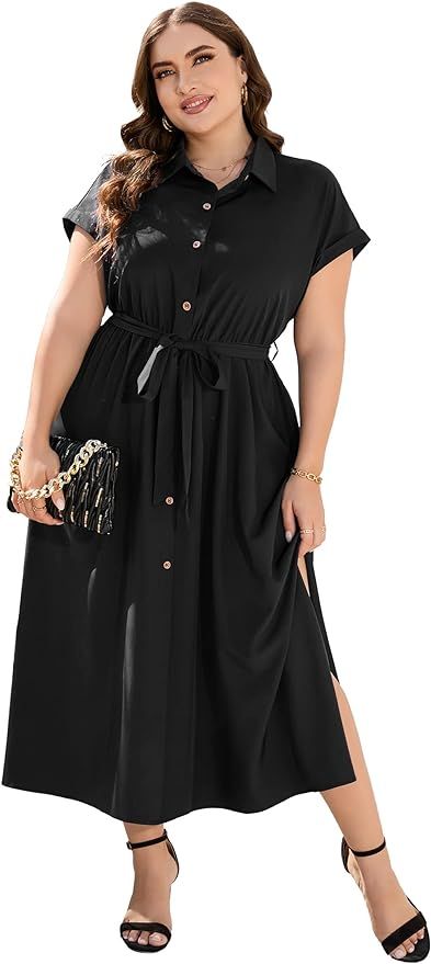 KOJOOIN Plus Size Maxi Dresses for Women Summer Tie Belt Work Polo Dress Business Casual Button D... | Amazon (US)