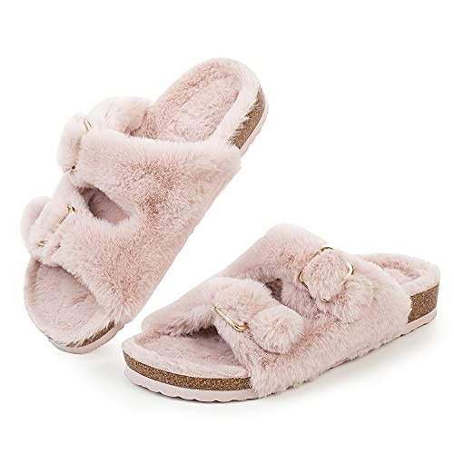 FITORY Womens Open Toe Slipper with Cozy Lining,Faux Rabbit Fur Cork Slide Sandals Size 6-11 | Amazon (US)