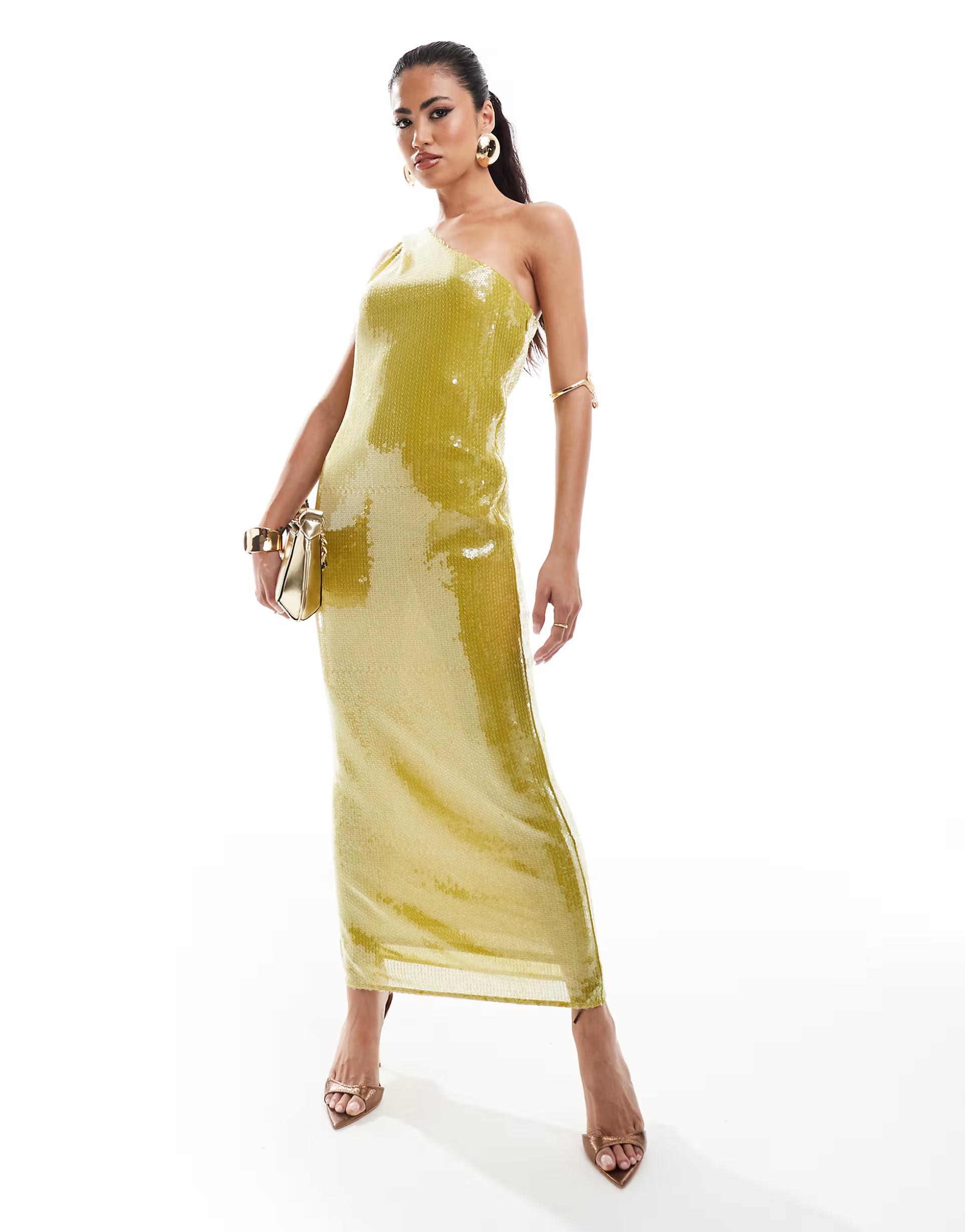 ASOS DESIGN sheer sequin one shoulder midi dress in chartreuse | ASOS | ASOS (Global)