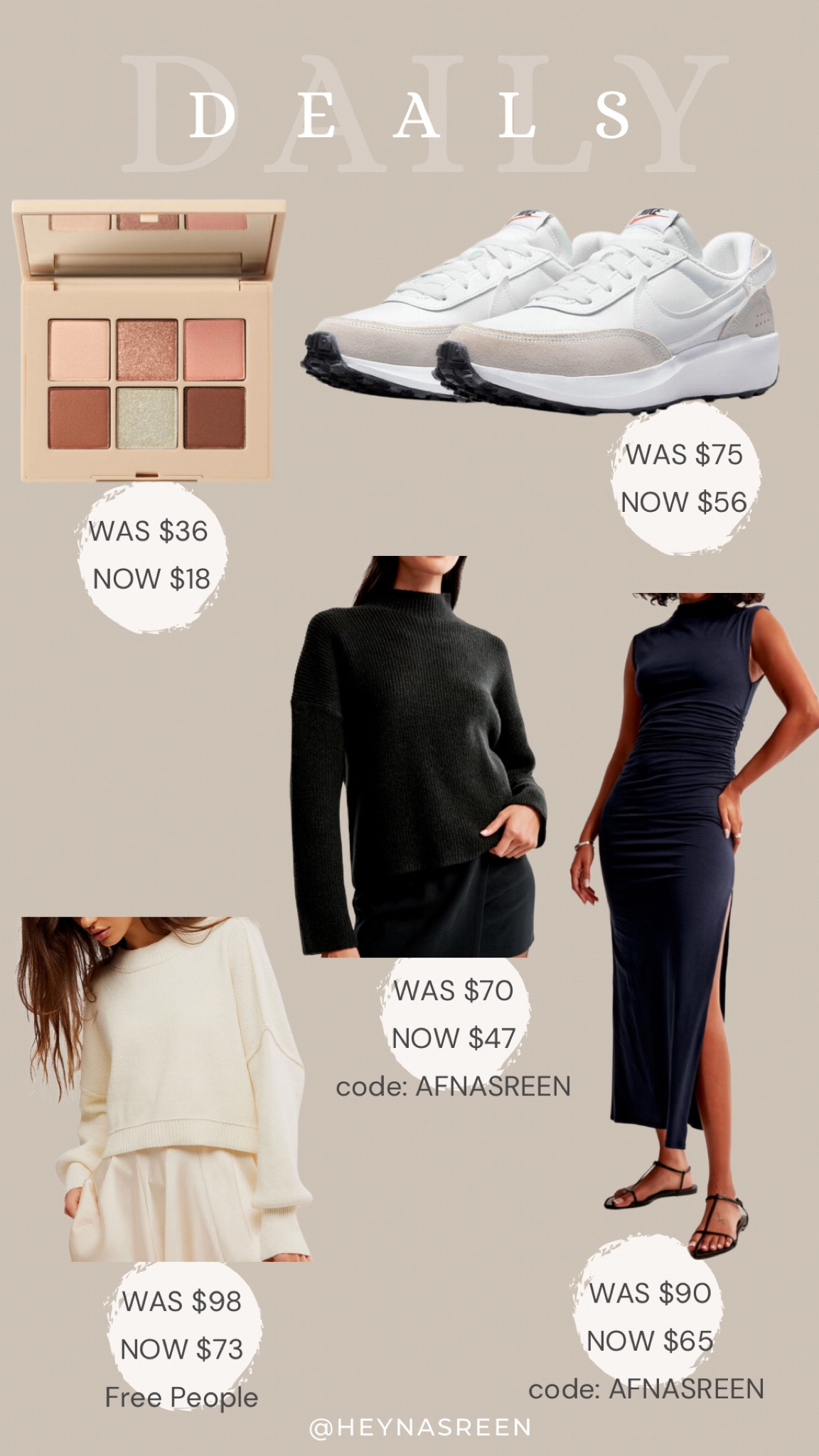 Daily deals on DIBS beauty eyeshadow palette, Nike sneakers, Abercrombie sweater, Abercrombie dress, Free People pullover

#LTKSaleAlert