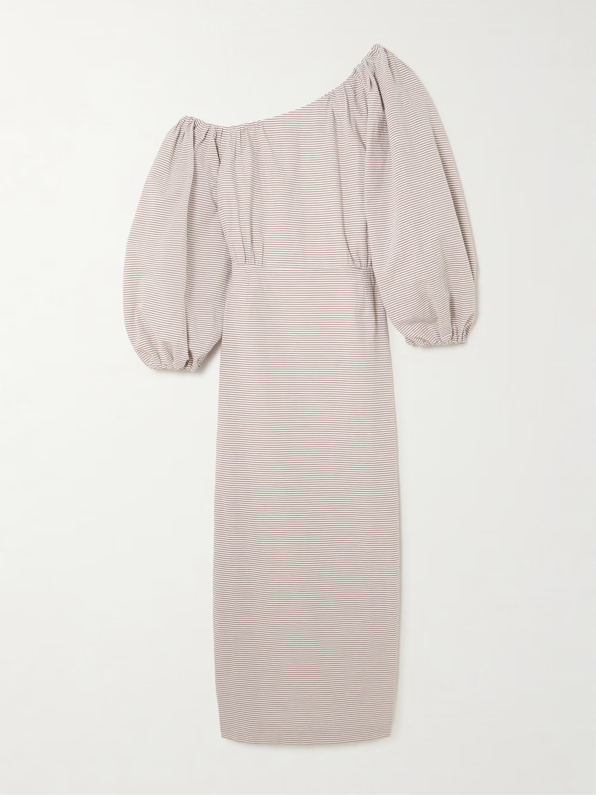 Cara off-the-shoulder gathered striped cotton-seersucker midi dress | NET-A-PORTER (US)