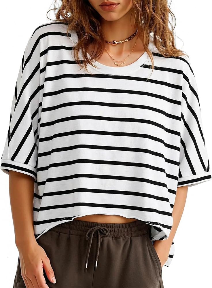 Tankaneo Womens Oversized T-Shirts Cropped Summer Casual Short Sleeve Loose Fit Tee Tops | Amazon (US)