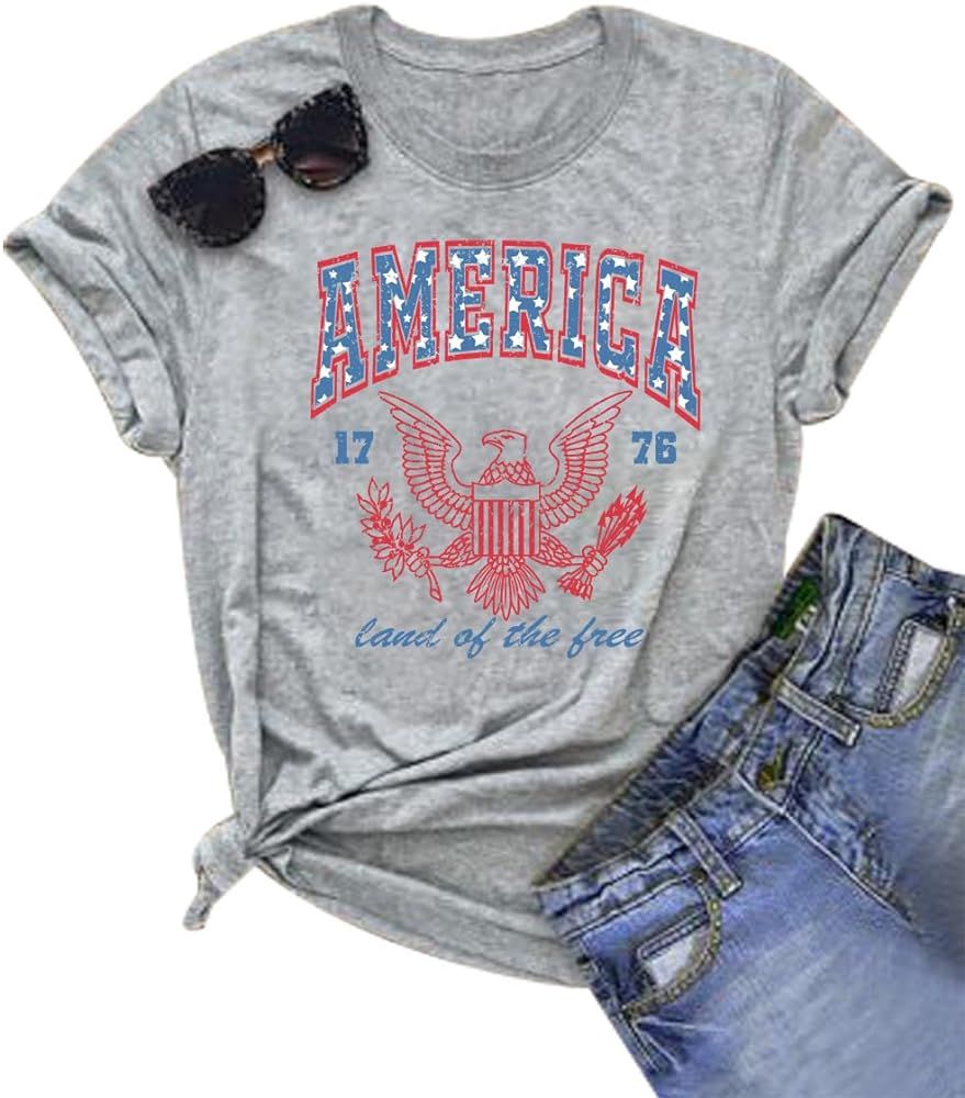 Women America Shirt Patriotic 4th of July Party Shirt Land of The Free Shirt Retro 1776 Short Sle... | Amazon (US)