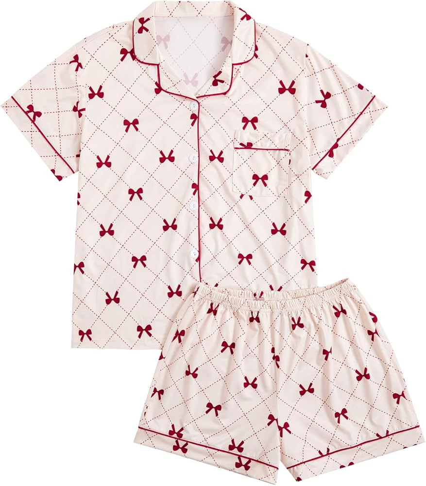 Verdusa Women's 2 Piece Pajama Sets Cute Printed Pj Set Button Up Shirts with Shorts Lounge Sleep... | Amazon (US)