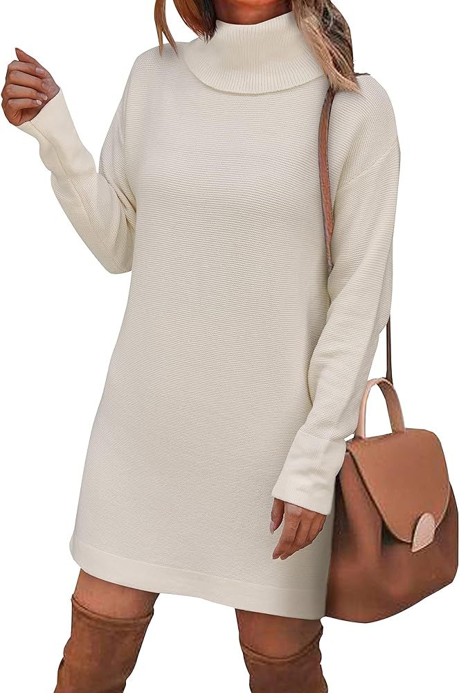 BTFBM Women's Turtleneck Long Sleeve Sweater Dress Side Slit Hem Fall Winter Oversized Casual Knit P | Amazon (US)