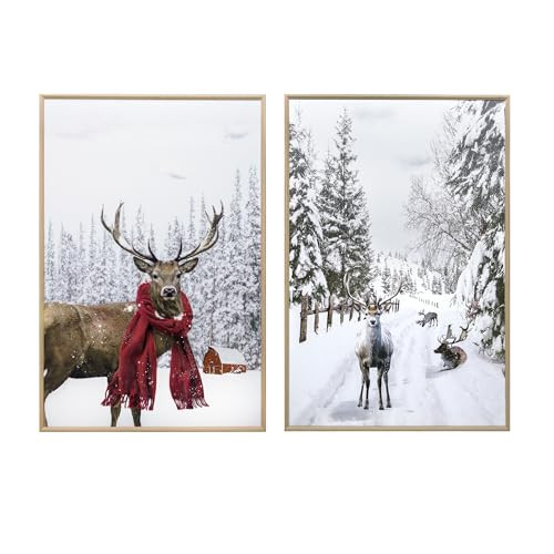 ArtbyHannah 12x16 Inch Christmas Canvas Wall Art, 2 Pack Framed Christmas Wall Decor, Winter Wall Art with Deer in Snowy Forest, Reindeer Christmas Decor for Christmas Wall Decoration | Amazon (US)