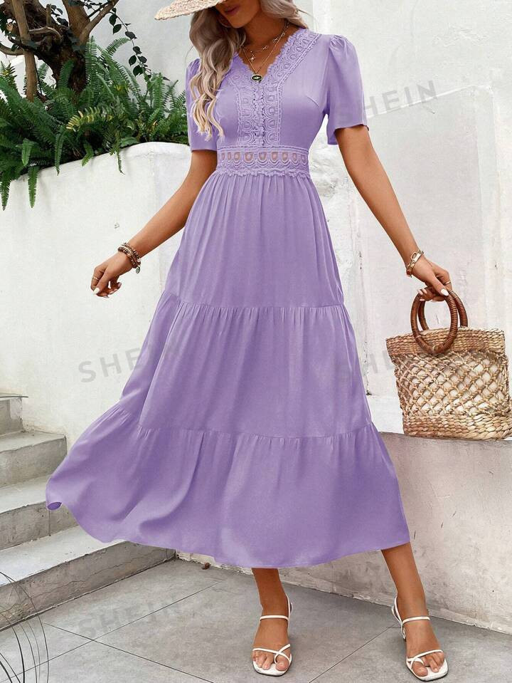 SHEIN VCAY Guipure Lace Insert Ruffle Hem Dress | SHEIN