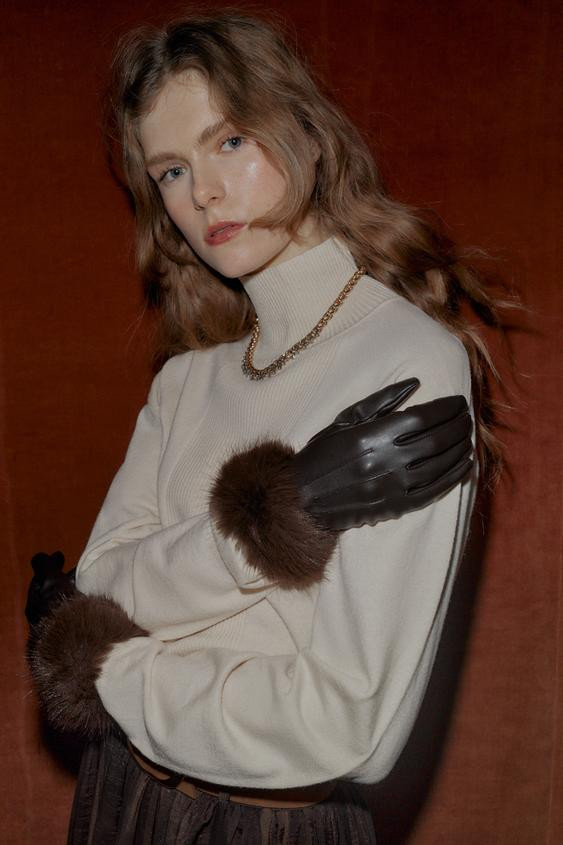 SHORT FAUX LEATHER AND FUR GLOVES | Zara US