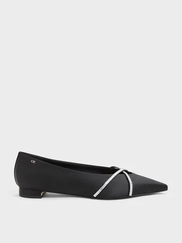 Black Textured Gem Crossover Ballet Flats | CHARLES & KEITH | Charles & Keith US