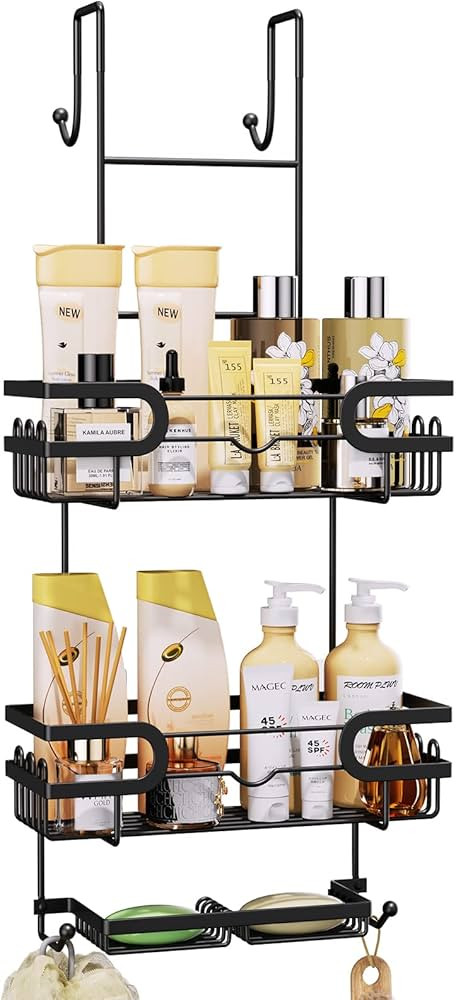 SWTYMIKI Shower Caddy Hanging With Double Soap Holder, Over The Door Shower Organiser With 16 Hoo... | Amazon (UK)