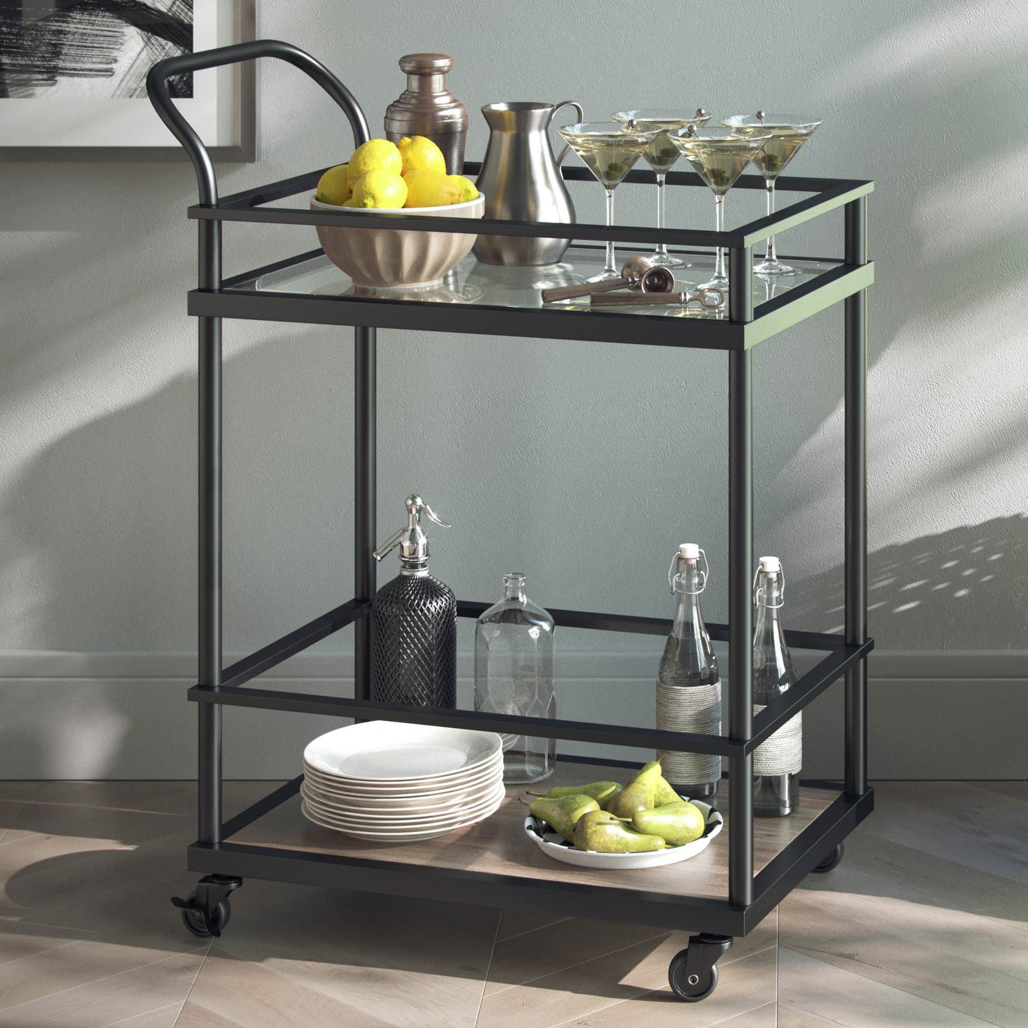 Nathan James Carter Modern Rolling Glass Bar 2-Tier Serving Cart Matte Black Metal Frame Oak Wood... | Walmart (US)