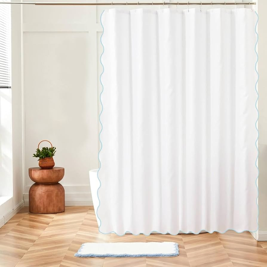 White with Light Blue Scalloped border Shower Curtains 72" x 84" Rustic Shower Curtain or Modern ... | Amazon (US)