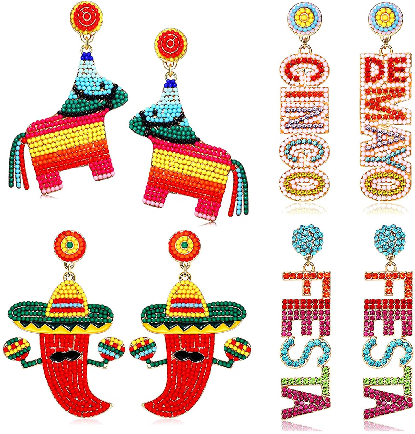 4 Pairs Mexican Earrings for Women, Fiesta Earrings, Cinco De Mayo Earrings, Beaded Piñata Sombr... | Amazon (US)