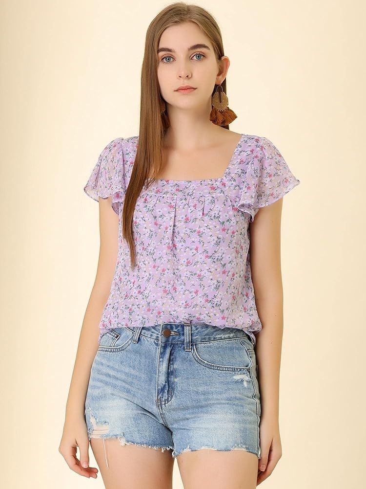 Allegra K Women's Chiffon Ruffle Sleeve Layered Floral Print Blouse Top | Amazon (US)