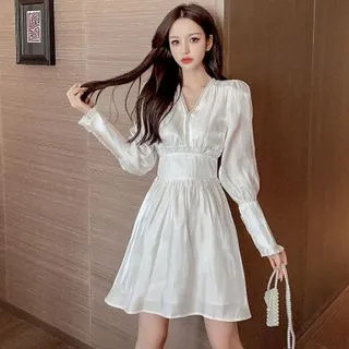 Long-Sleeve V-Neck Satin Mini Dress | YesStyle Global