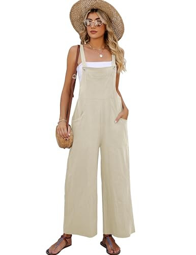 Flygo Women's Cotton Bib Beige Overalls Loose Fit Wide Leg Jumpsuits Casual Rompers with Pockets(Beige-S) | Amazon (US)