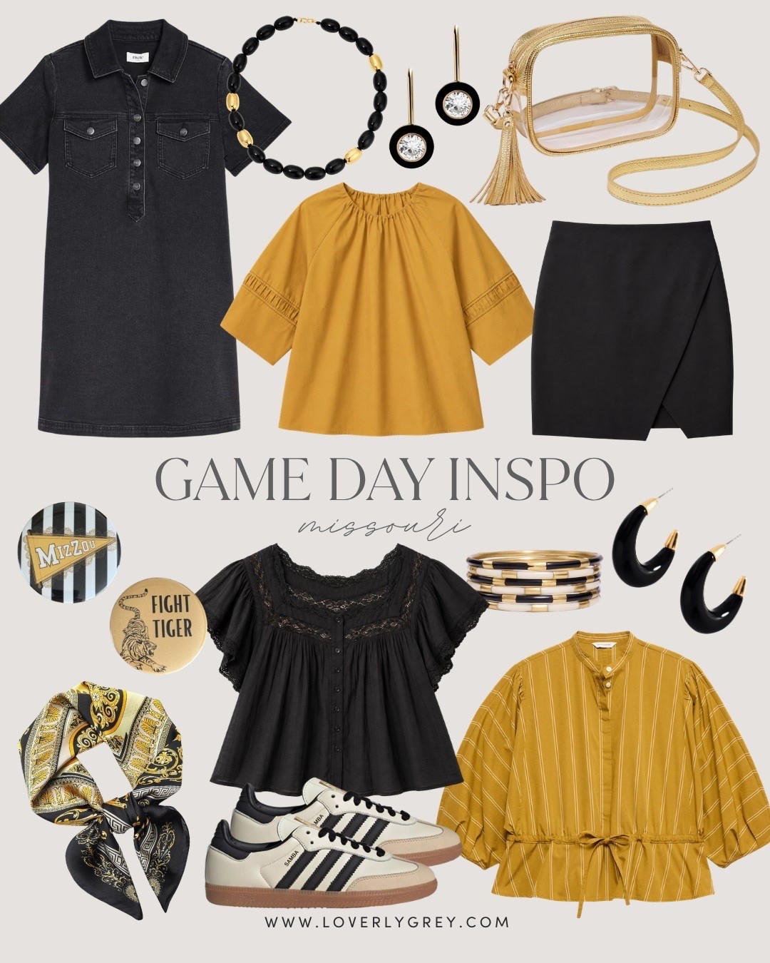 Missouri college game day outfit ideas! I was actually able to find some really cute gold tops!

Loverly Grey, Missouri college game day, college game day outfit inspo, black and gold, black and yellow, clear purse