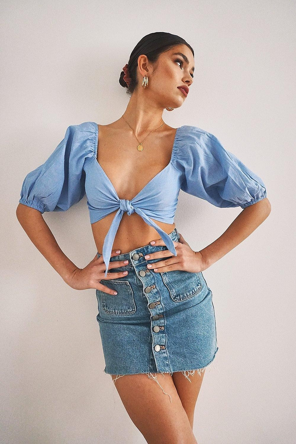 Womens Tie Front Puff Sleeve Crop Top - Blue - 6 | Boohoo.com (US & CA)