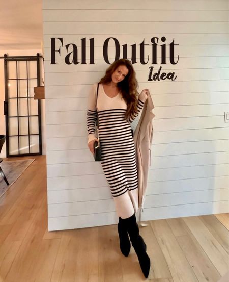 Love everything about this dress - thick ribbed material. Pair with boots or sneakers for a more casual look 🍂 

🏷️ sweater dress , dresses for fall , striped sweater dress , trench coat for fall , black handbag, black boots , fall outfits , lulus , Michael Kors , Amazon 

#LTKitbag #LTKworkwear #LTKshoecrush