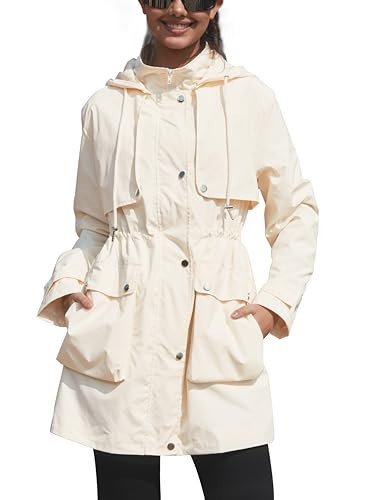 PESION Waterproof Rain Jackets for Women for Hiking, Raincoat Long Hooded Rain Coats Outdoor Windbreaker Trench Coat with Pockets, Ivory, Large | Amazon (US)