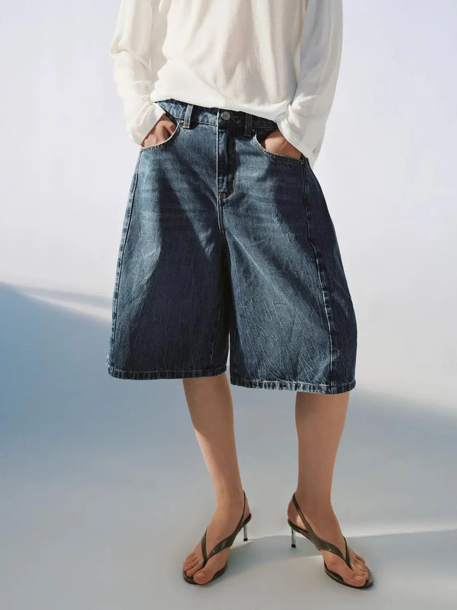 Washed Wide Leg Denim With Subtle Fade Shorts | Urban Revivo