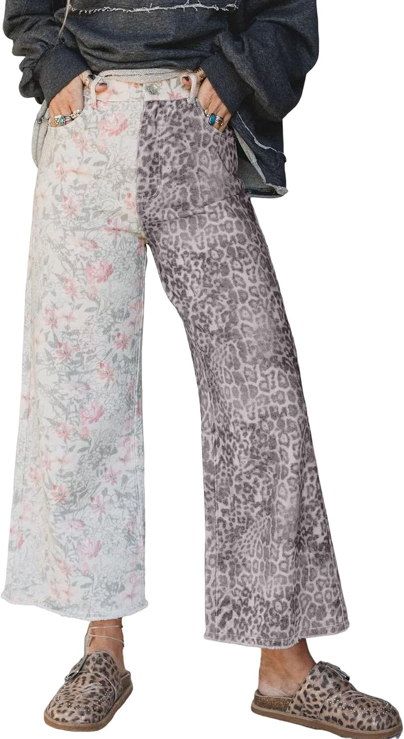MARZXIN Pants for Women Multicolour Retro Floral Leopard Contrast Patchwork Raw Hem Jeans | Amazon (US)