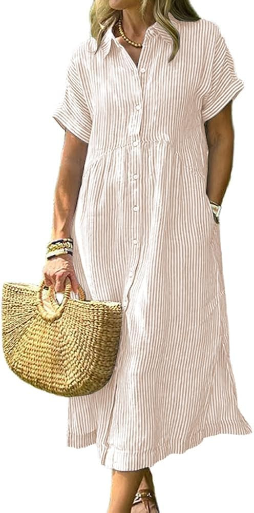 chouyatou Women's Summer Striped Midi Long Shirt Dress Casual Loose Short Sleeve Button Down Dres... | Amazon (US)