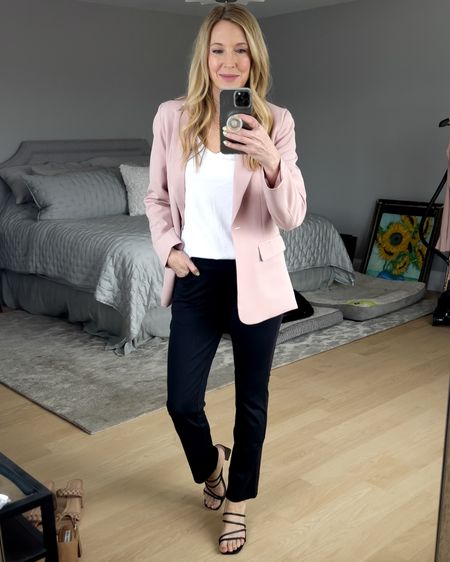 Spring outfit idea! Pastel blush pink blazer with a white tee, black pants & strappy sandals is great for work, travel, shopping & lunch outing.

#LTKworkwear #LTKunder100 #LTKSeasonal
