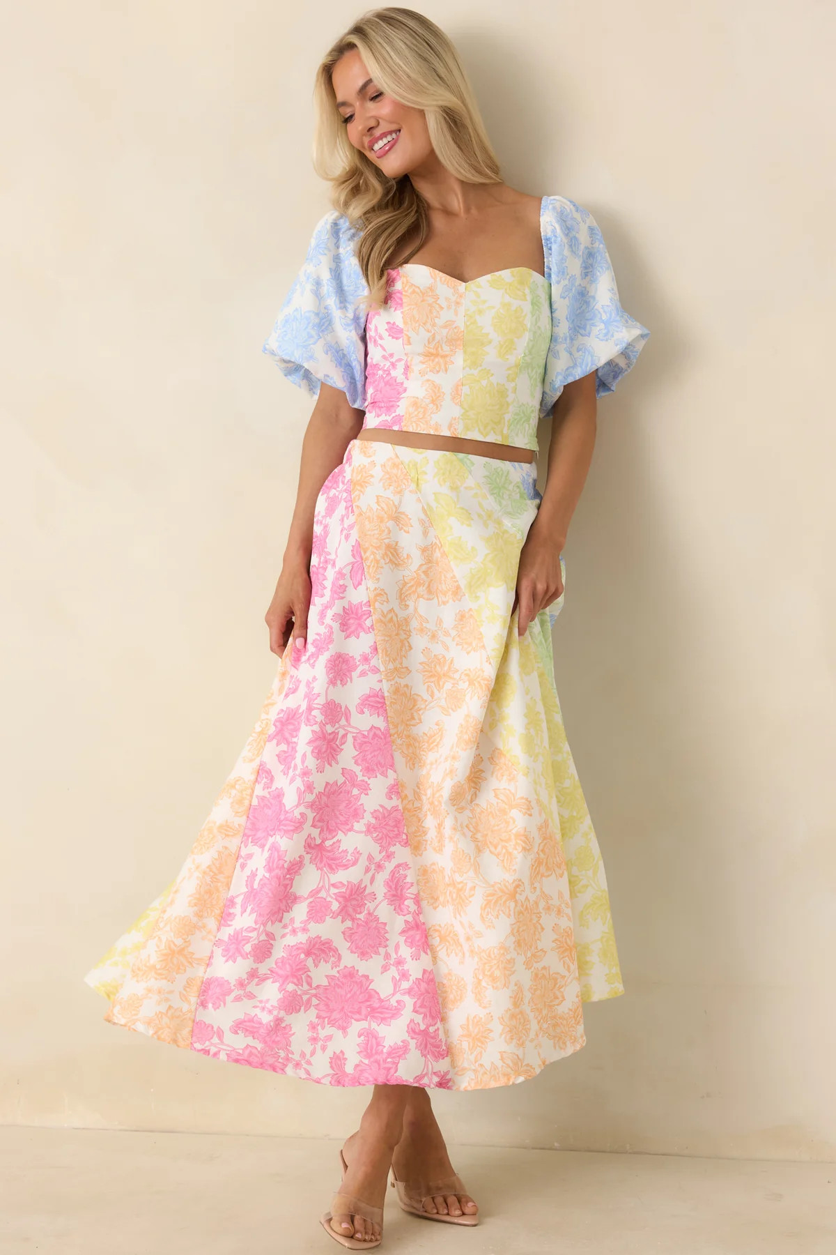 She’s a Rainbow Multi Floral Cotton Linen Cropped Top | Red Dress