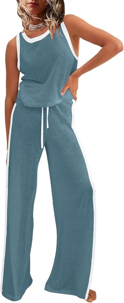 SAUKOLE Women’s Summer Two Piece Outfits Knit Sets Sleeveless Tank Top and Wide Leg Pants Match... | Amazon (US)