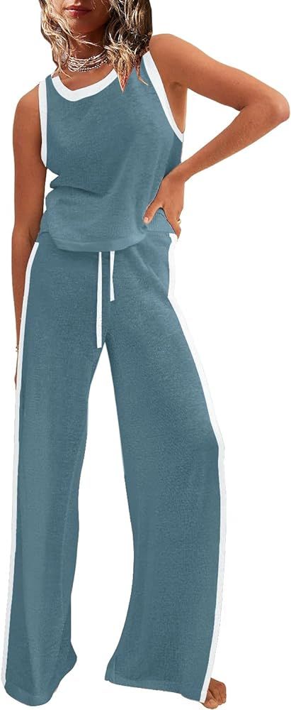 SAUKOLE Women’s Summer Two Piece Outfits Knit Sets Sleeveless Tank Top and Wide Leg Pants Match... | Amazon (US)