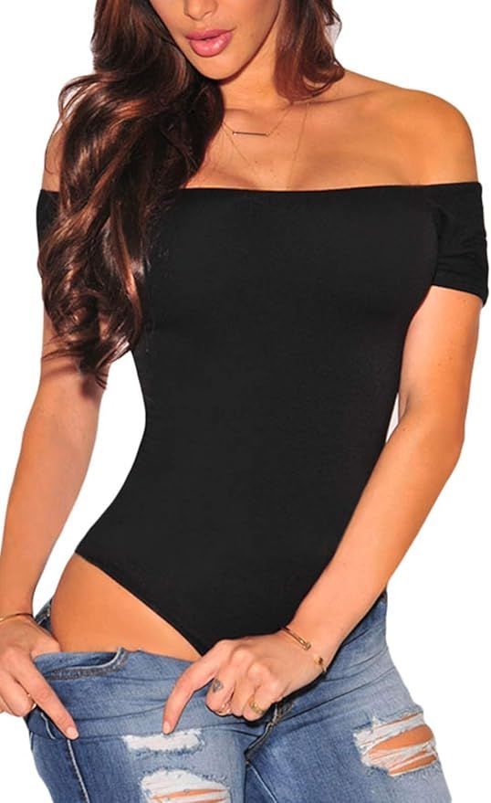 Ancapelion Women’s Off Shoulder Short Sleeve Bodysuit Sexy Stretchy Bodycon Top | Amazon (US)