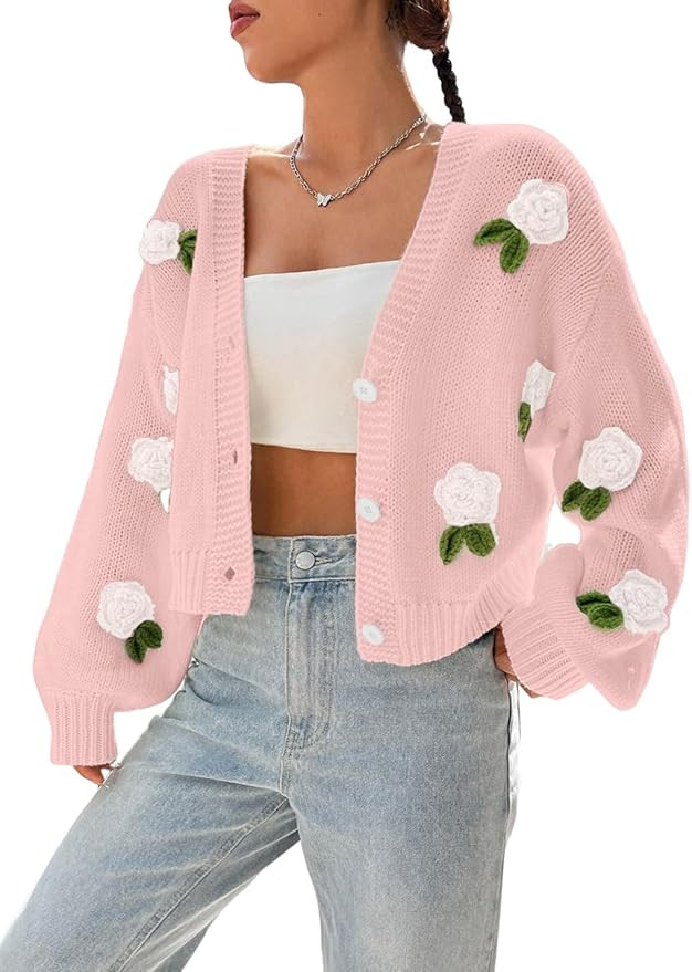 GORGLITTER Women's Floral Cardigan Button Up Long Sleeve Knit Crochet Cropped Sweaters | Amazon (US)