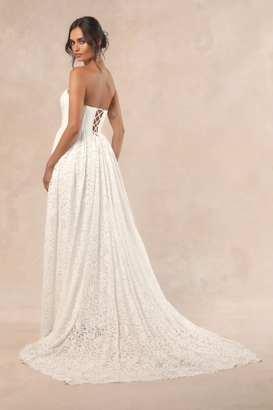 Shiori White Lace Bustier Basque Waist Strapless Maxi Dress | Lulus