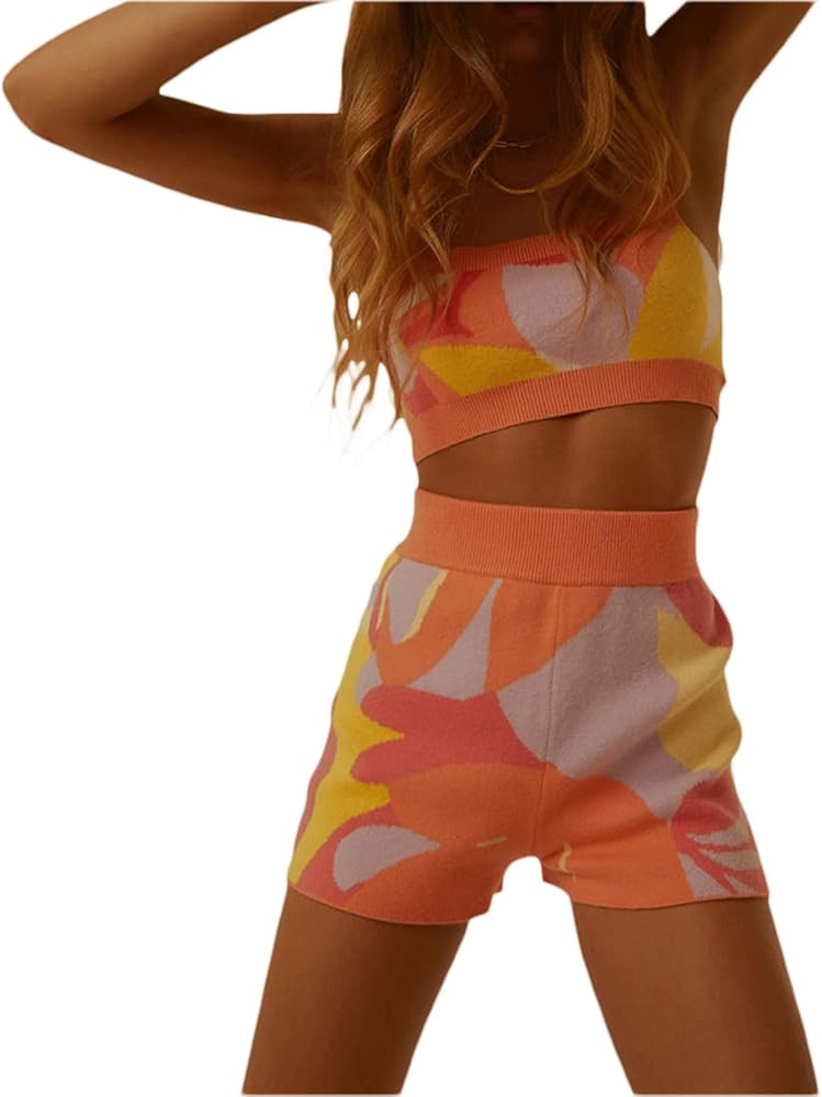 Sexy Knitted 2 Piece Outfits Sets for Womens Tank Crop Top Vest and Sweat Shorts Pants Y2k Fashion S | Amazon (US)