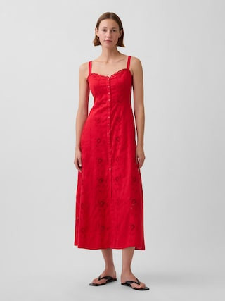 Linen-Blend Embroidered Button-Front Cami Maxi Dress | Gap (US)