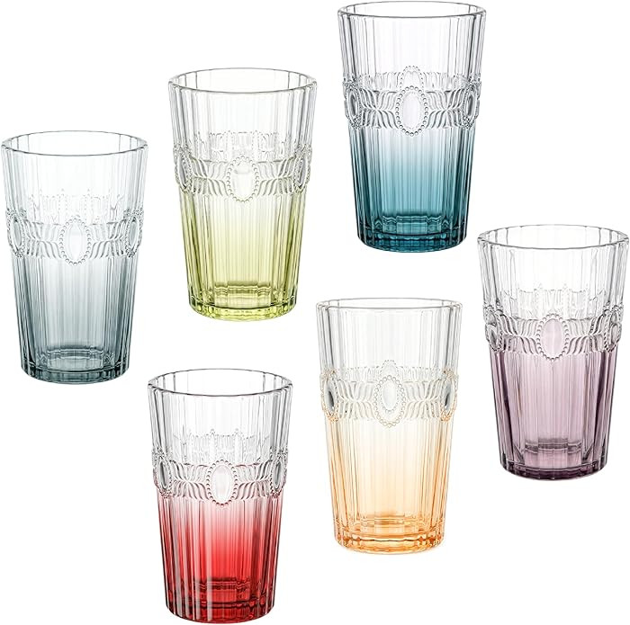 13 OZ 6 Pack Vintage Drinking Glasses Set, Colorful Textured Glass Water Tumblers Cups -Embossed ... | Amazon (US)