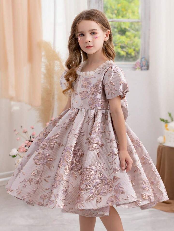 Heavy Embroidery & Jacquard Fabric Girls' Princess Dress With Bowknot For Formal Occasions, Such ... | SHEIN