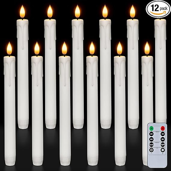 Homemory 12 Pcs Plastic Flameless Taper Candles with Remote Timer Dimmer, White Taper Candles Bat... | Amazon (US)