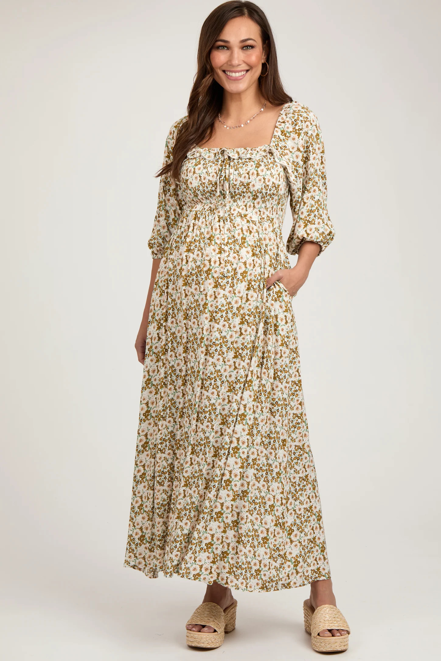 Light Olive Floral Smocked Bodice Maternity Maxi Dress | PinkBlush Maternity